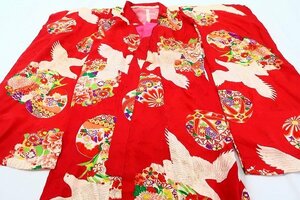 [ kimono fi] antique / child / single ./bi bit / red /./.. flower / Taisho romance / girl / length 108cm/ celebration put on / hand made / silk / remake /14915