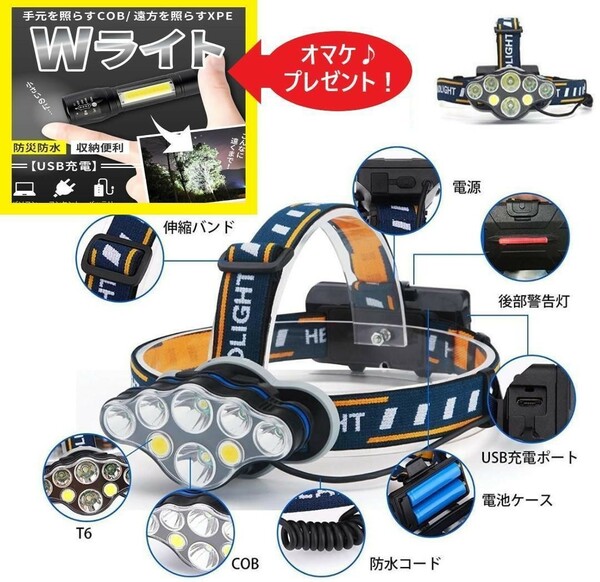 注目 人気商品☆オマケ付き☆ 防水 LED ヘッドライト USB充電式 大容量バッテリー 夜間作業 夜釣り