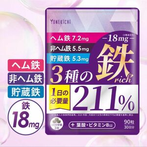 鉄 サプリメント 鉄18mg 3種の鉄リッチ 鉄分 ヘム鉄 フェリチン鉄 葉酸 ビタミンB12 90粒 30日分　生理妊娠