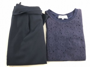 ■【ROPE' PICNIC】ロペピクニック/レース切替カットソー　ひざ丈台形スカート　Mサイズ　2点セット[Ｍ]紺・黒《やや美品》