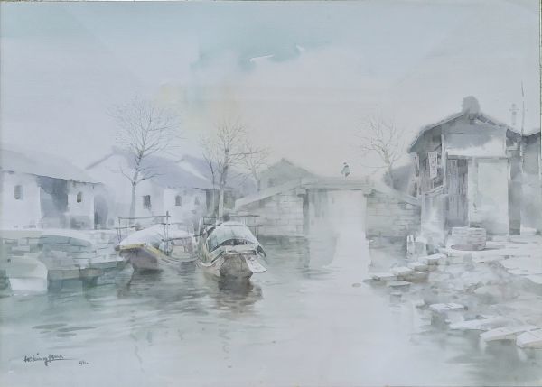 何強華 ｢水路｣水彩 画寸約52×37cm 中国人画家 海水彩画研究会会員(1024, 絵画, 水彩, 自然, 風景画