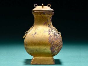 「時代物 古銅彫 塗金獣耳尊瓶」旧銅器 置物擺件 賞物 中国古美術 旧蔵出