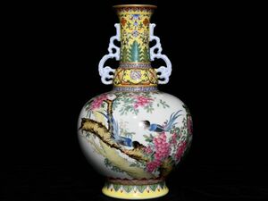 「清 乾隆年製 陶磁器 粉彩ライチ紋 双耳瓶」染付 置物 擺件 古賞物 中国古美術 旧蔵出