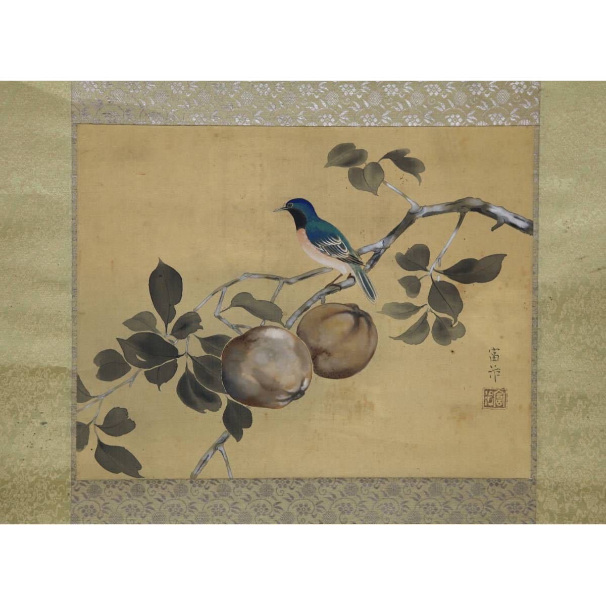 [Authentic work] [Windmill] Tomiharu Negami Sparrow on Mandarin Orange ◎Handwritten on silk ◎People of Yamagata Studied under Somei Yuki Teiten Nihongain Founding Doujin Nitten Nihongain Exhibition Taught at Imperial Art School, painting, Japanese painting, flowers and birds, birds and beasts