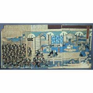 【版画】【風車】 歌川国輝 「義士之面々敵討言上之図」◎木版画 大判 三枚続◎幕末-明治時代の浮世絵師 3代歌川豊国の門人 錦絵