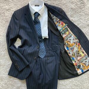 現行！ 極美品 L2サイズ Paul Smith DORMEUIL ポールスミス スーツ セットアップ SOHO 裏地メジャー総柄 ネイビー ストライプ 高級 メンズ