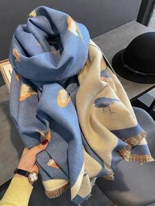 ★新入荷　秋冬　新品上質大判　カシミヤ１００％　ストール　マフラー　バーシブル仕様　暖かい　青い　小鳥柄