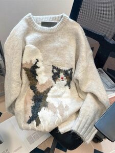 yhトップス ニット セーター ゆったり ふんわり もこもこ 暖かい ネコ柄