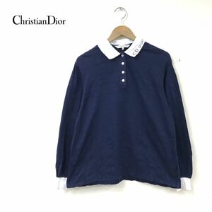 O2570-N◆old◆ Christian DIor クリスチャンディオール 長袖 ポロシャツ 襟ロゴ トップス ◆ sizeM ネイビー 紺 コットン レディース