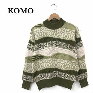 N323-T◆KOMO コモ ロングスリーブニット デザインニット 総柄 肩パッド クルーネック リブ◆sizeO グリーン メンズ トップス ウール100