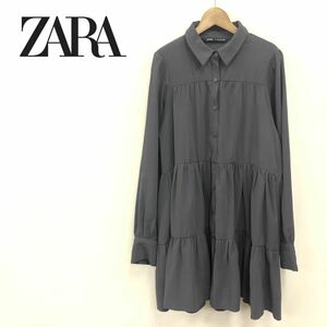 N120-K-N◆良品 ZARA ザラ 長袖シャツティアードミニワンピース◆sizeM グレー Aライン とろみ感 くすみカラー カジュアル ギャザー