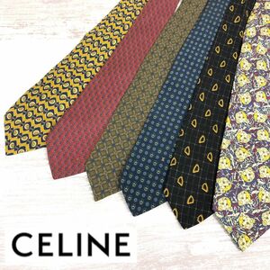 N123-J-N◆良品◆スペイン製 CELINE セリーヌ シルクネクタイ6本セット◆メンズ 紳士服 総柄 絹100% スーツ ファッション小物 通勤