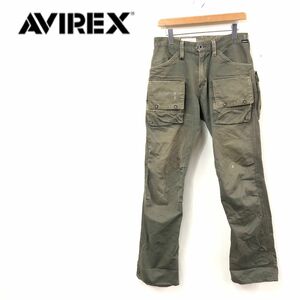 N1001-F◆ avirex アヴィレックス カーゴパンツ ジッパーフライ NAVY ◆ sizeM コットン100 グリーン ロゴプリント ミリタリー 古着 メンズ