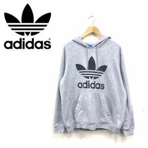 N858-F◆ adidas アディダス パーカー フーディ スウェットシャツ ◆ sizeO コットン ポリエステル グレー ロゴプリント 古着 メンズ 秋冬