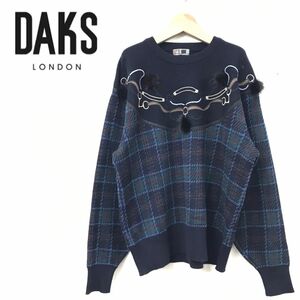 N489-R-N◆良品 DAKS ダックス ニットセーター◆サイズL 152〜160 レディース 婦人 トップス 秋冬 チェック 長袖 装飾デザイン ネイビー