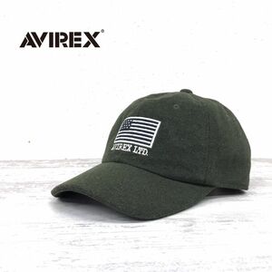 N655-N◆美品◆ AVIREX アヴィレックス ウール調キャップ 野球帽 6パネル 帽子 星条旗 刺繍◆ カーキ系 ポリエステル 牛革