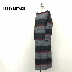 N559-N◆70~80s◆ ISSEY MIYAKE イッセイミヤケ ロングワンピース ニット セーター アーカイブ◆ グレー マルチ ボーダー ウール アクリル