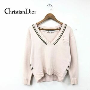 N792-T-N◆Christian Dior SPORTS クリスチャンディオールスポーツ ニット セーター ブイネック ロゴ◆sizeM ベージュ トップス