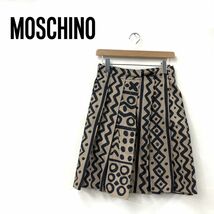 N1080-O◆美品◆ MOSCHINO モスキーノ プリーツスカート フレア 総柄 膝丈◆size38 ブラウン ベージュ_画像1