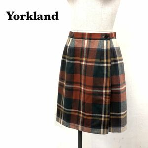 N1066-O-N◆美品◆日本製◆ Yorkland ヨークランド ラップスカート チェック 巻きスカート 膝丈◆size11 ウール オレンジ