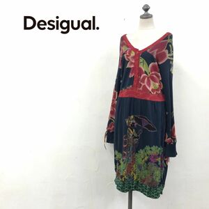 N933-O◆良品◆ Desigual デシグアル 和柄ワンピース 総柄 花 リボン ヘンリーネック◆sizeL ネイビー レッド 赤