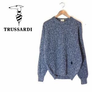 N1682-F-N◆ イタリア製 ◆ old ◆ trussardi トラサルディー ニット セーター トップス ◆ ウール100 ブルー ホワイト 古着 メンズ 秋冬