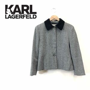 N1663-F-N◆ KARL LAGERFELD カールラガーフェルド ジャケット 総裏 ◆ size40 ウール ナイロン グレー ブラック 古着 レディース 秋冬