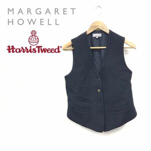 N1601-F◆ MARGARET HOWELL マーガレットハウエル ハリスツイード ベスト 4B ◆ size2 ウール100 ブラック 古着 レディース