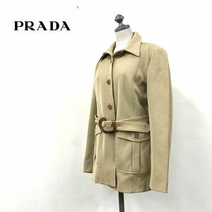 N1484-N◆old◆ イタリア製 PRADA プラダ ショートコート ウエストベルト有り 総裏 レディース ◆ size42 ベージュ ナイロン レーヨン