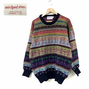 N1186-D◆old◆イギリス製◆ Michael Ross マイケル ロス 長袖セーター ニット 丸首 フェアアイル ◆size4 マルチ 総柄 ウール100