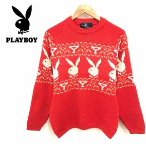 N1570-J-N◆PLAYBOY プレイボーイ デザインニット◆レッド サイズS メンズ レディース 毛100% ウール 暖かい 秋冬 プルオーバー トップス