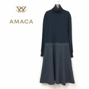 N1573-K-N◆良品 AMACA アマカ タートル長袖ニット切り替えフレアワンピース◆size38 ネイビー 異素材ミックス キレイめカジュアル ウール