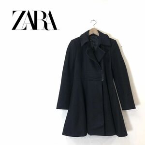 N1779-O◆美品◆ ZARA ザラ ライダースコート フレア Aライン アウター◆sizeL ウール ブラック 黒