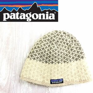 N2271-F-N◆ 良品 ◆ patagonia パタゴニア ビーニー ニット帽 キャップ 帽子 ◆ size FREE ベージュ ロゴパッチ 古着 秋冬