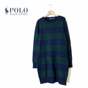 N2166-N◆ POLO Ralph Lauren ポロラルフローレン ニットワンピース 長袖 セーター 膝丈 ◆sizeM グリーン ネイビー ボーダー ウール