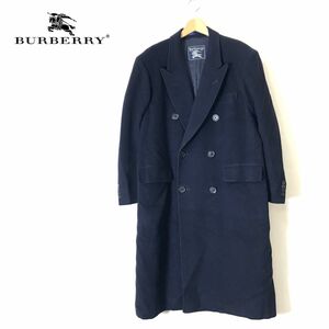 N1979-N◆old◆ Burberry バーバリー カシミヤ混 ダブルブレストコート メルトンウール 厚手 ロング ◆ size170 ネイビー 紺 ウール 大きめ