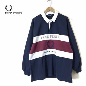 N1947-N◆old◆FRED PERRY フレッドペリー スウェットシャツ 長袖ポロ ロゴ刺繍 ゆったり◆sizeL ネイビー ボルドー ポリエステル コットン