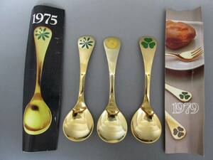 ①Georg Jensen スターリングシルバー イヤースプーン3本セット 約135g★美品(1975 1979 栞付）ジョージジェンセン 1975 1978 1979 限定