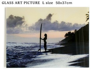 ガラス アート ピクチャー L－G (壁掛け) サーフガール ビーチ 横幅50cm 海 サーフィン ボード 影 波 西海岸風 インテリア アメリカン雑貨