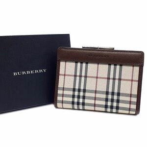 ◆未使用◆ バーバリー BURBERRY 財布 ウォレット 二つ折り ガマ口 ノバチェック キャンバス レザー S金具 クリーム系 茶系 01-23110801-c