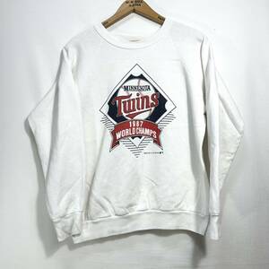 ■ 80s 80年代 USA製 ビンテージ FRUIT OF THE LOOM MLB TWINS 1987 WORLD CHAMPS ラグラン 白 スウェット L 野球 ツインズ メジャー ■