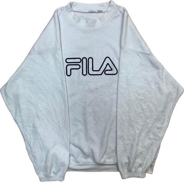 古着 FIRA フィラ スウェット ホワイト 白 トレーナー デカロゴ パイル ビッグサイズ ビッグシルエット