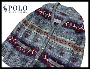 ■ 美品 POLO RALPH LAUREN ポロ ラルフローレン ネイティブ柄 ボーダー アルパカ ウール モヘア 混 ニット カーディガン XS