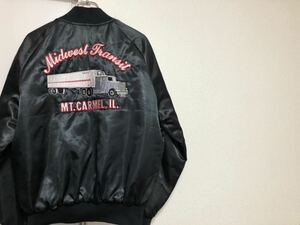 70s80sヴィンテージ MADE IN USAアメリカ製 Satins Midwest Transit刺繍ブラック黒ナイロンジャケットsize L