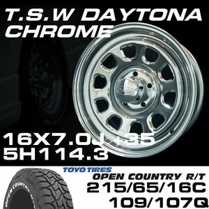 ○ T's Factory TSW デイトナ クローム 16X7J+35 5穴 114.3 TOYO OPEN COUNTRY R/T 215/65R16C ホワイトレター ホイール & タイヤセット