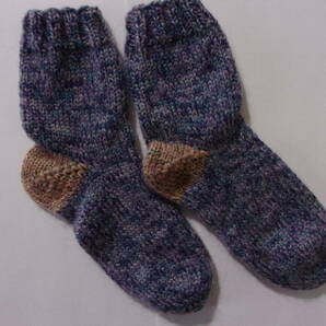 ブルー　毛糸の手編みソックス くつ下　23～24㎝　ハンドメイド 