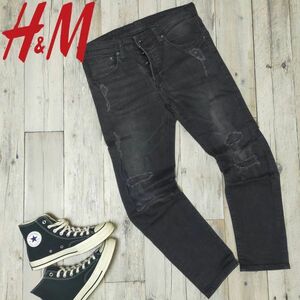 ☆H&M エイチアンドエム☆ブラック スキニー ストレッチ USED クラッシュ加工 デニム パンツ SKINNY LOW WAIST W34 S503