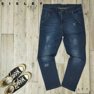 ☆SISLEY シスレー☆ストレッチ インディゴ USED クラッシュ リペア加工 デニム レディース W28 S1166