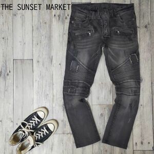 ☆T.S.M THE SUNSET MARKET☆ストレッチ USED クラッシュ リペア加工 バイカー ブラック デニム パンツ Size（M) S1271