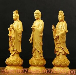 高さ約20cm 仏教美術 阿弥陀如来三尊立像 木彫仏像 精密細工 職人手作り ツゲ 観音菩薩